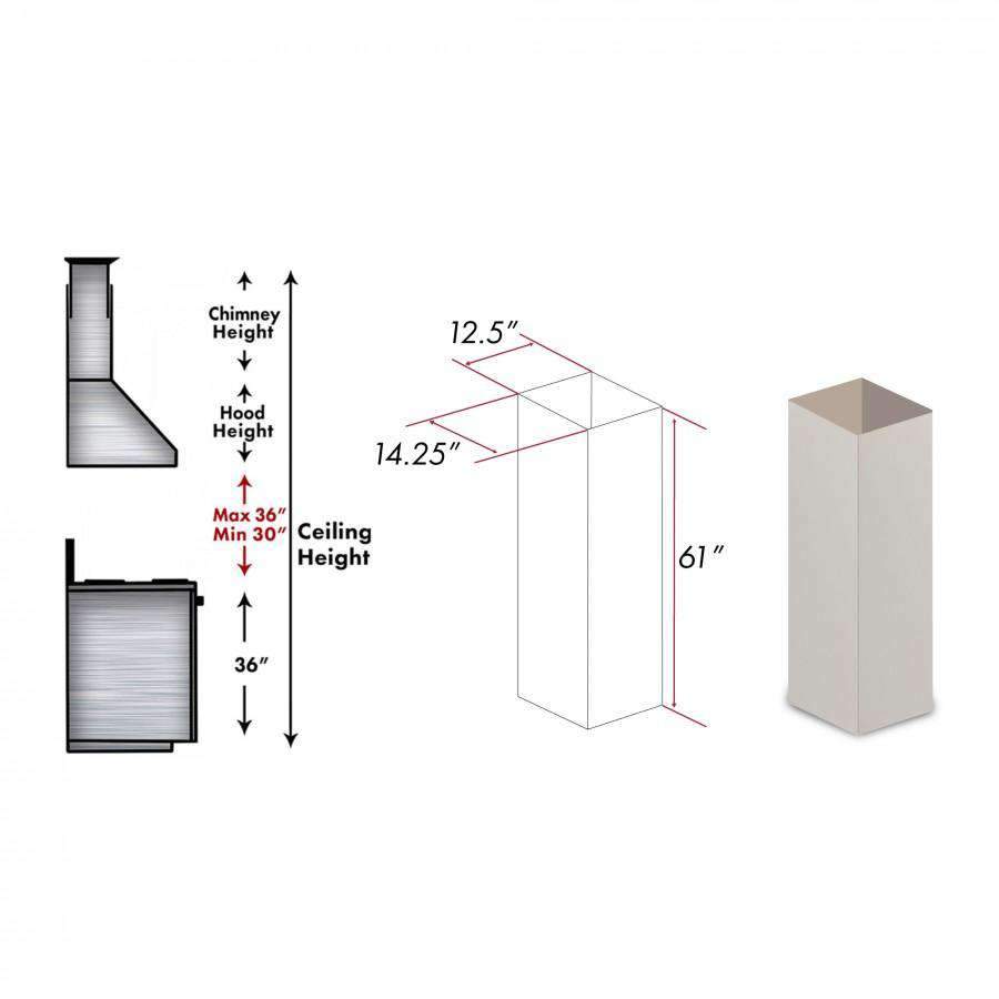 Wood chimney extension housing with size diagram, rectangular cover, 61 in height