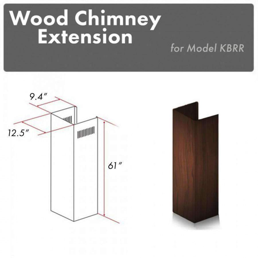 Wood chimney extension, dark stained flue section with vented top and side cutouts