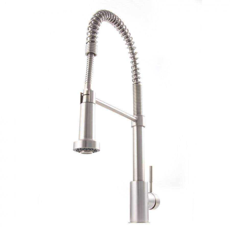 Brushed nickel kitchen faucet with pull-down sprayer and flexible stainless hose.