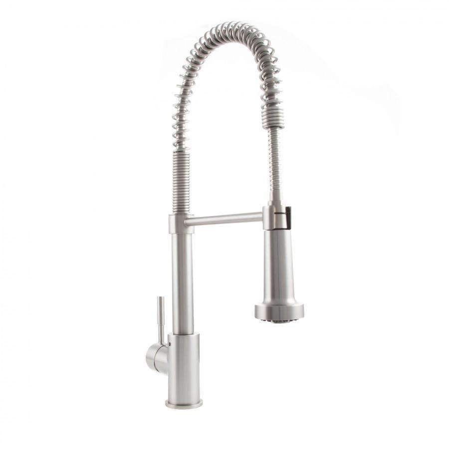 Brushed nickel kitchen faucet with arched gooseneck spout and pull-down sprayer.