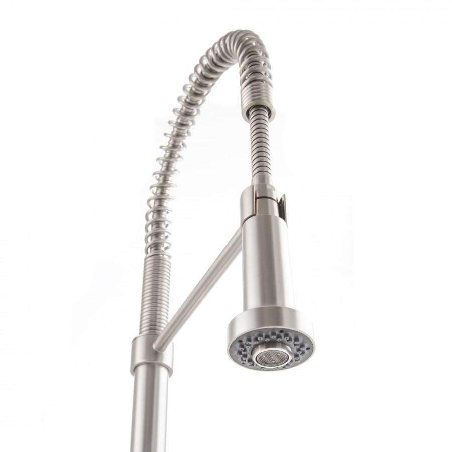 Brushed nickel pull-down kitchen faucet with flexible stainless sprayer hose.