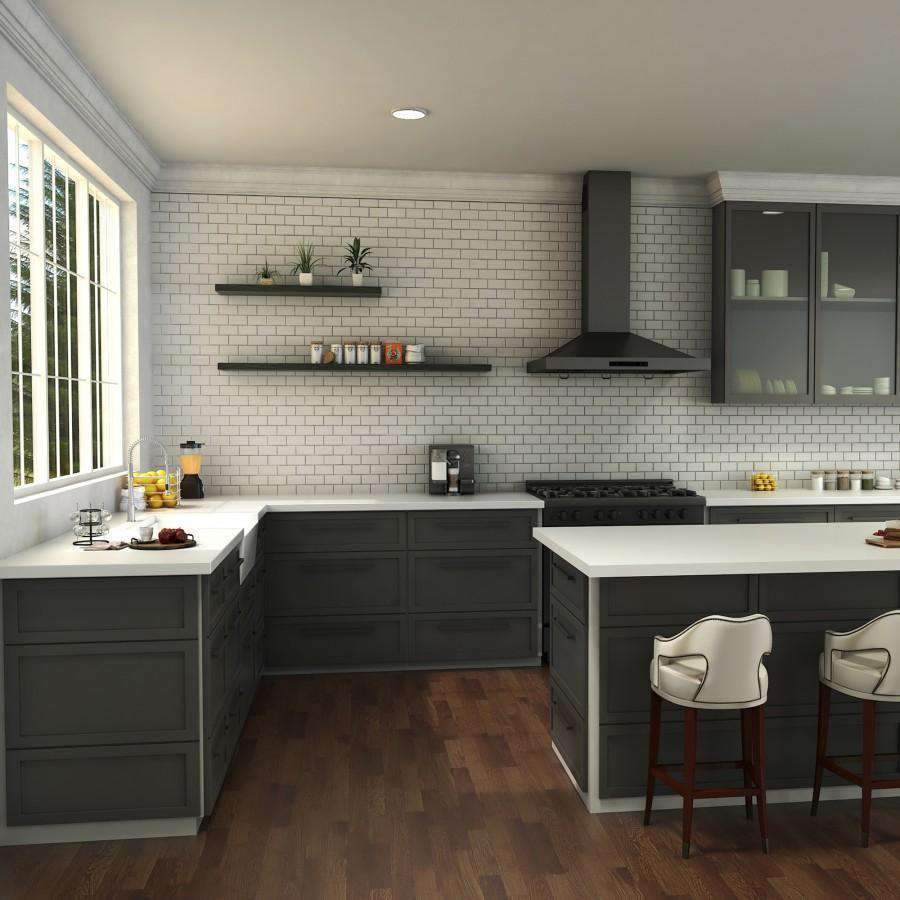 Brushed nickel kitchen faucet installed in a modern kitchen with tall arched spout.