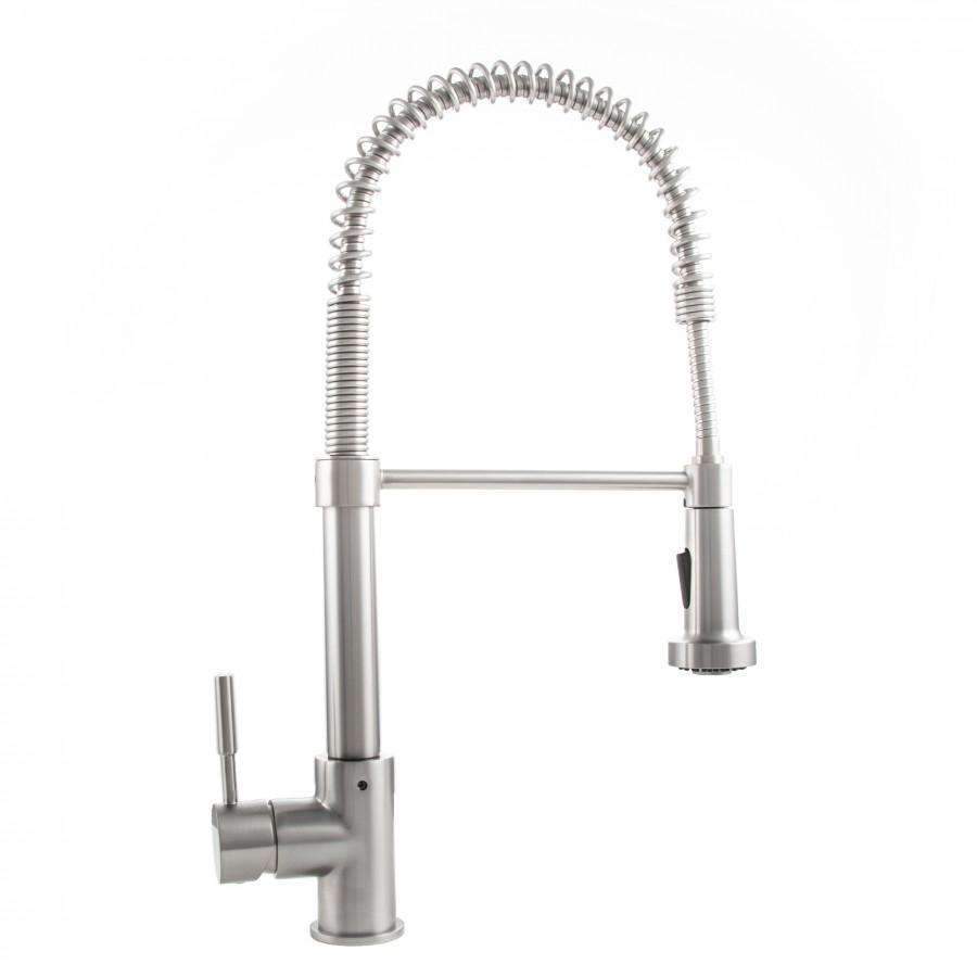 Brushed nickel kitchen faucet with arched spout and flexible pull-down sprayer hose.