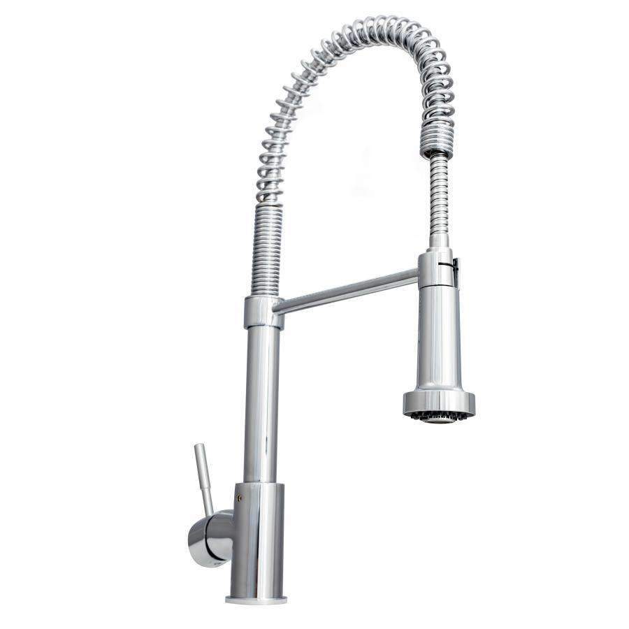 Chrome pull-down sprayer faucet with arched neck and flexible coiled hose