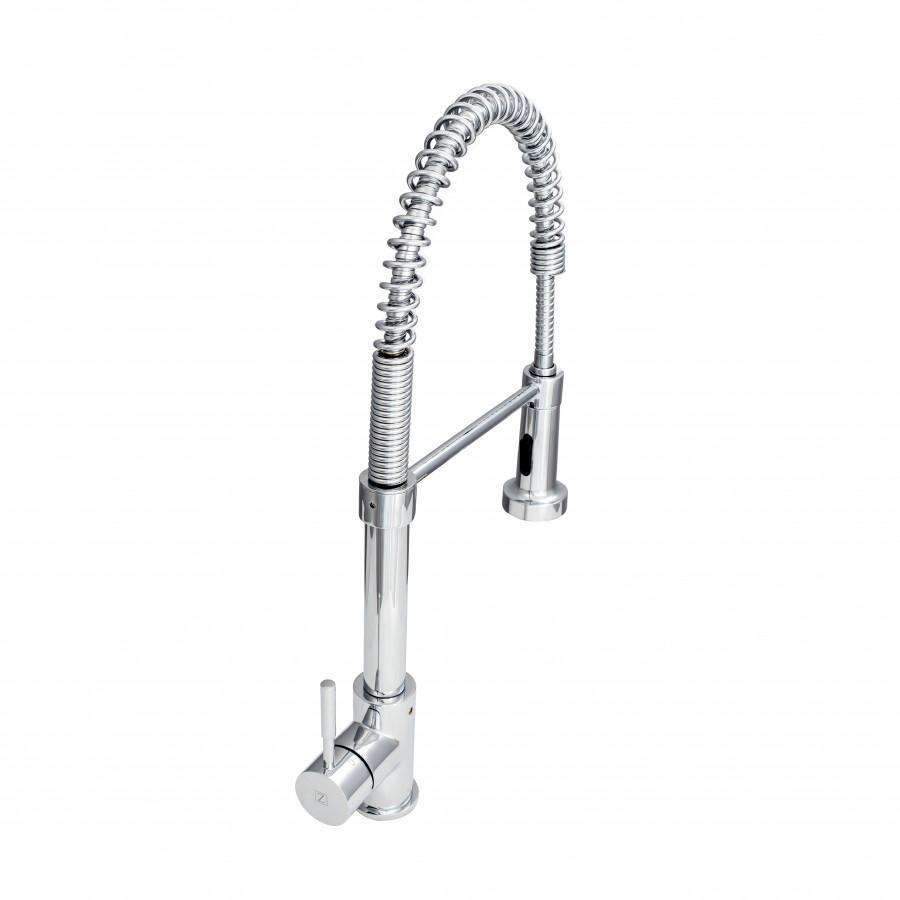Chrome kitchen faucet with tall gooseneck, coiled hose, and pull-down sprayer