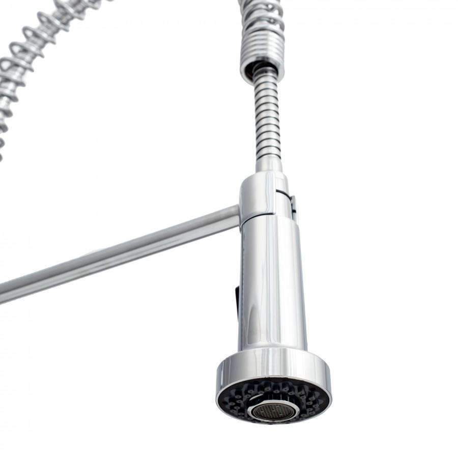 Chrome pull-down sprayer head with circular spray face and flexible hose
