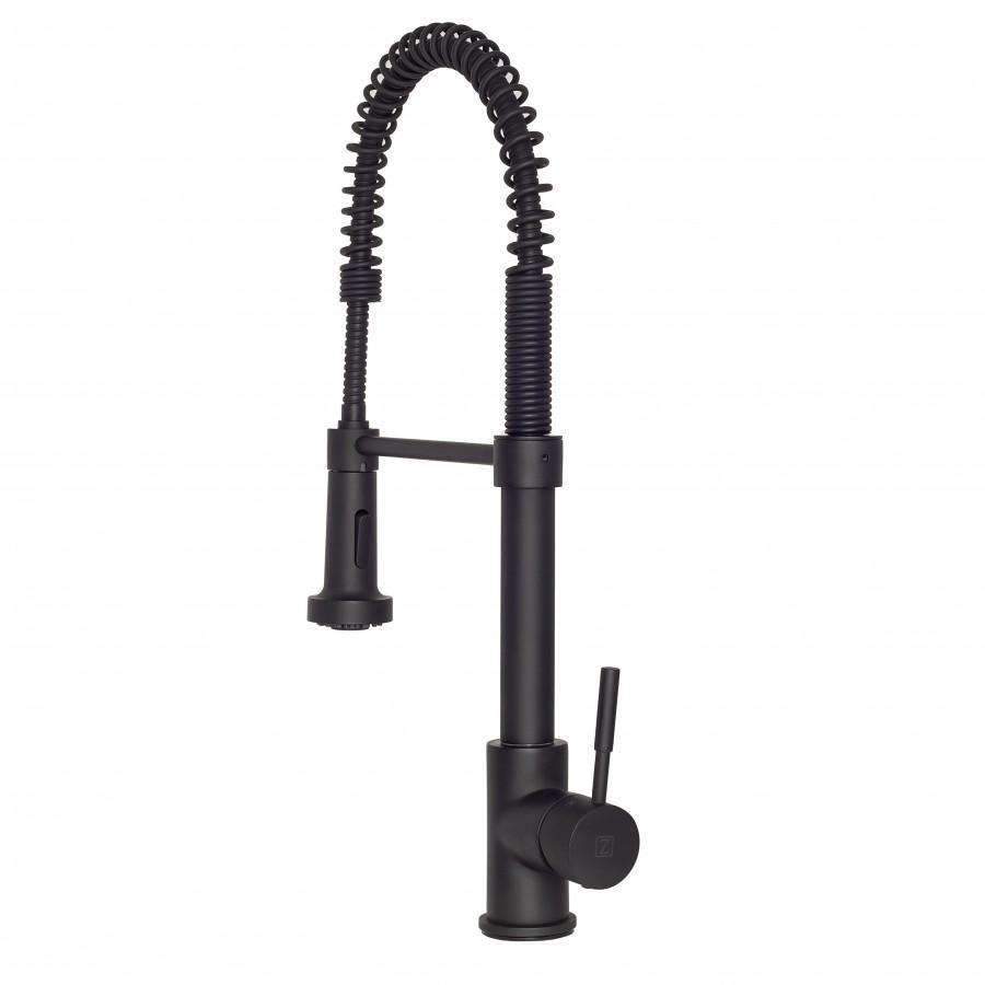 Matte black kitchen faucet with arched coiled hoses, deck mounts, and two spouts