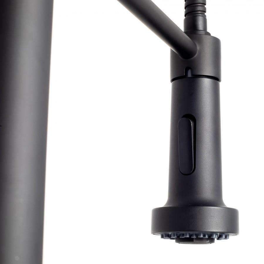 Matte black dual-sprayer kitchen faucet with tall arched hoses and side controls