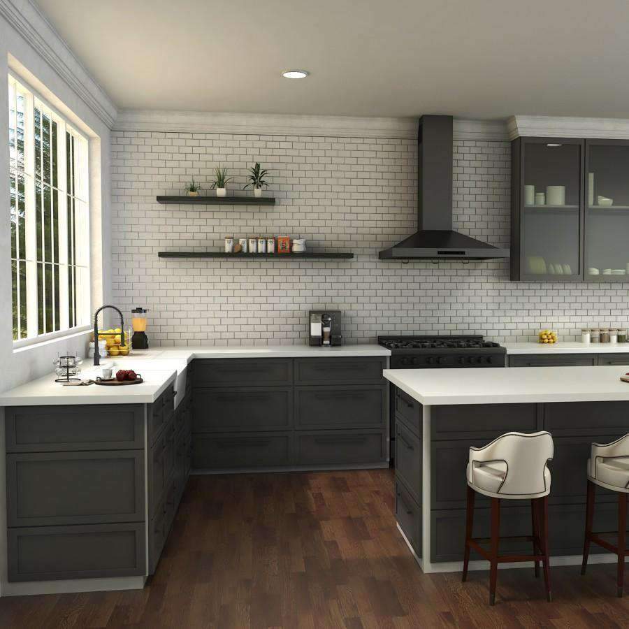 Matte black kitchen faucet with tall arched spout on white sink.