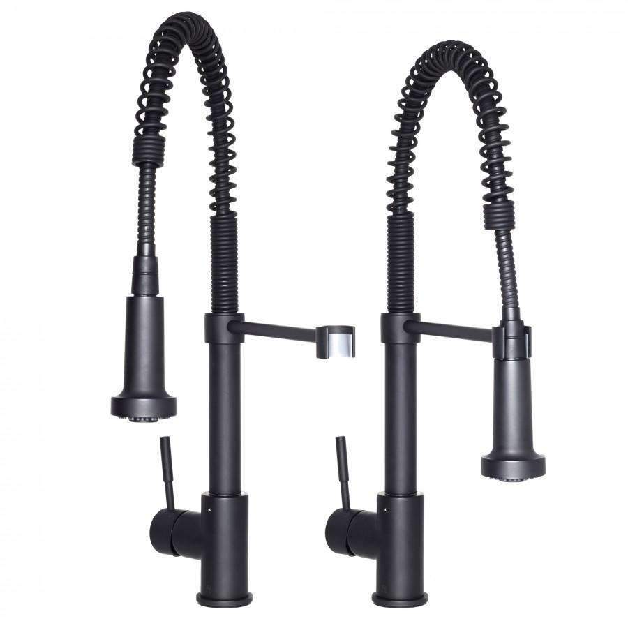 Matte black deck-mounted kitchen faucet with two tall coiled sprayers and side controls