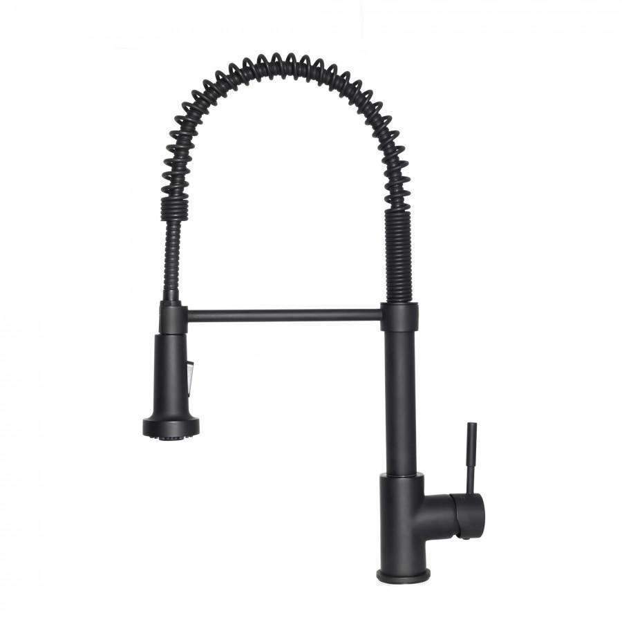 Matte black pull-down kitchen faucet with arched coiled sprayer hose and single spout