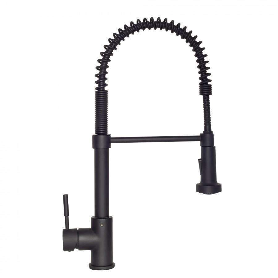 Matte black faucet sprayer head with textured nozzle and control button