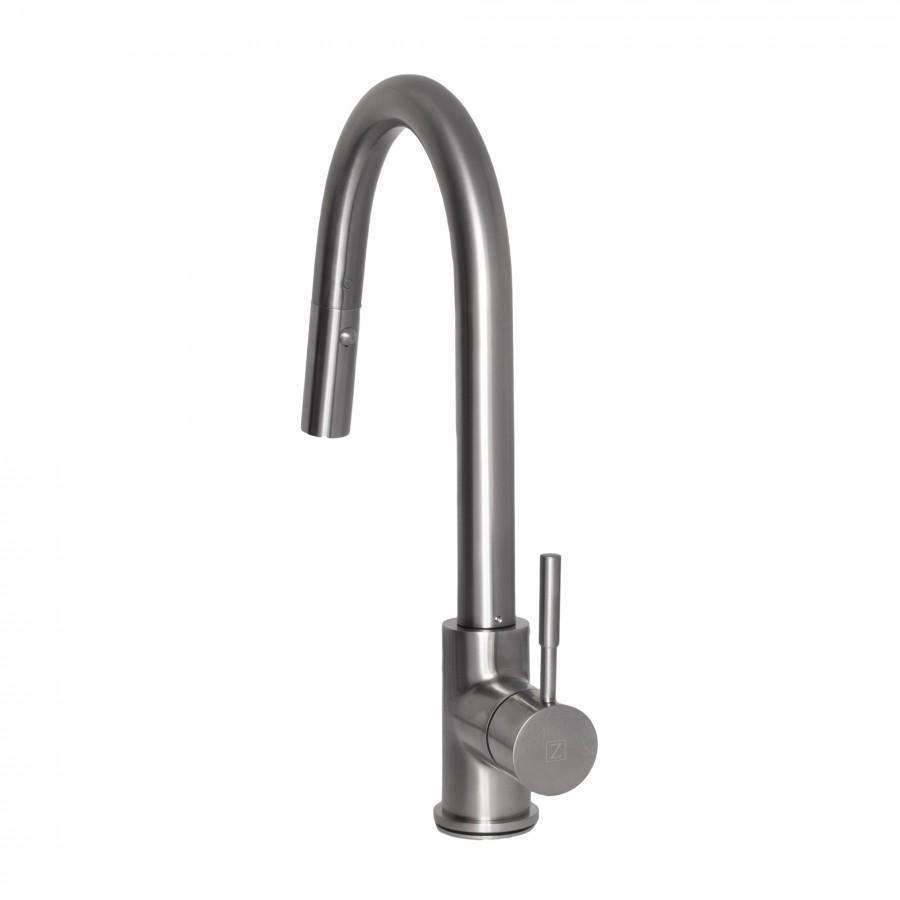 Brushed nickel single-hole kitchen faucet with tall curved spout and side lever