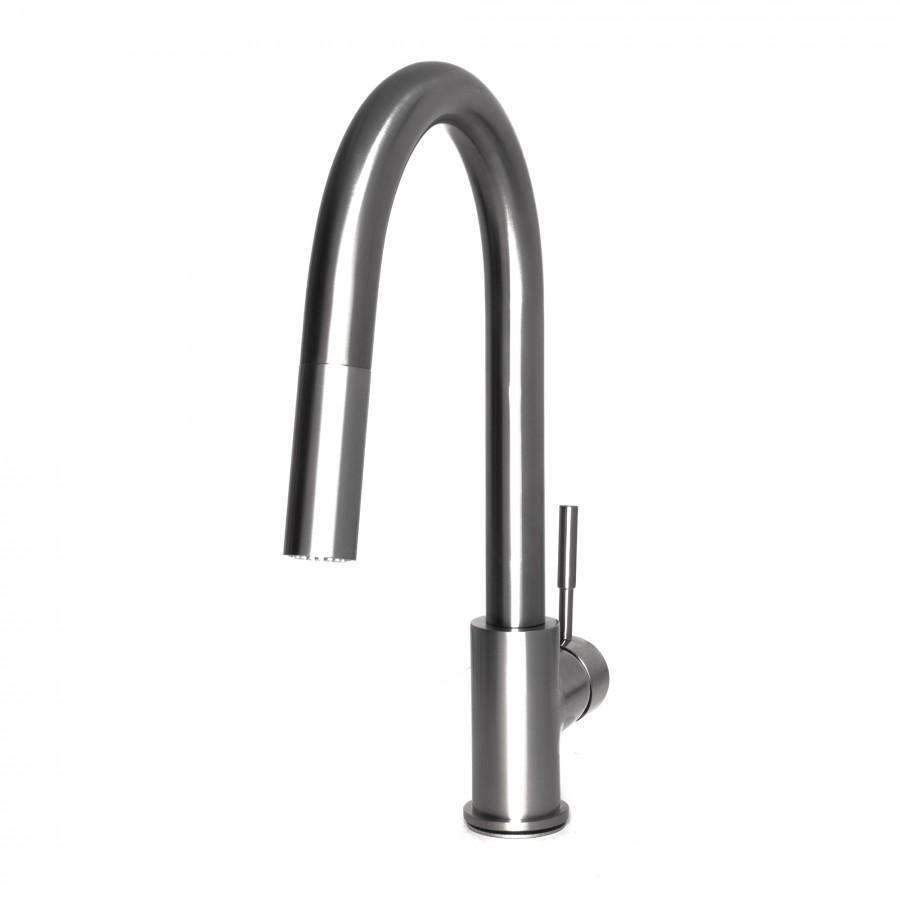 Brushed nickel kitchen faucet with tall curved spout and matching side handle