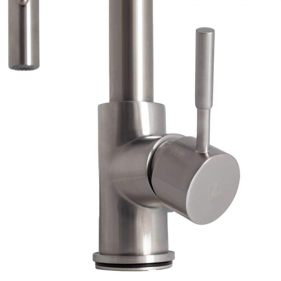 Brushed nickel faucet body with round knob-style side control and two outlet stems