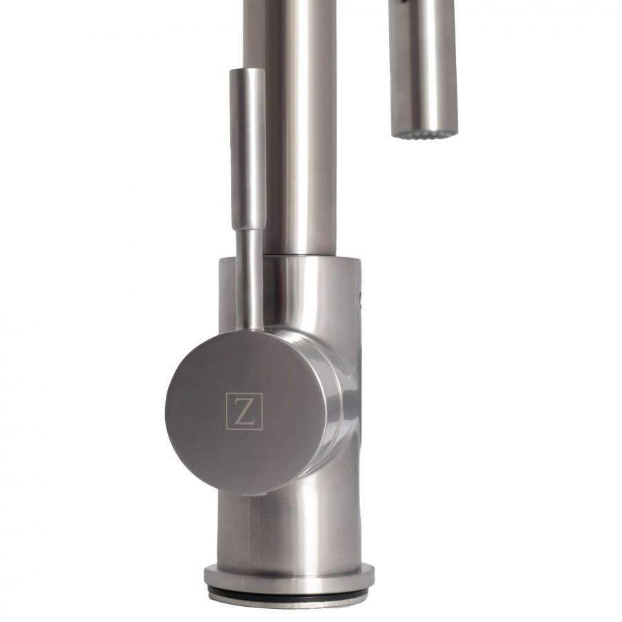 Brushed nickel faucet with round control dial and cylindrical spout supports