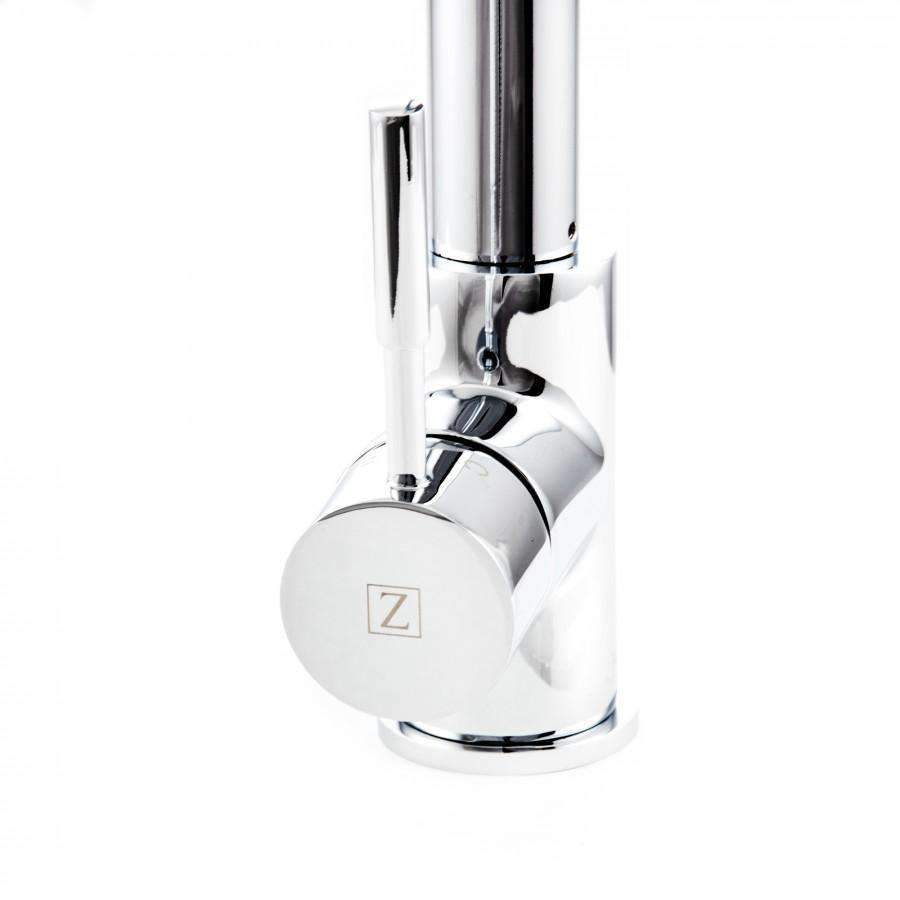 Chrome kitchen faucet with cylindrical base and lever handle