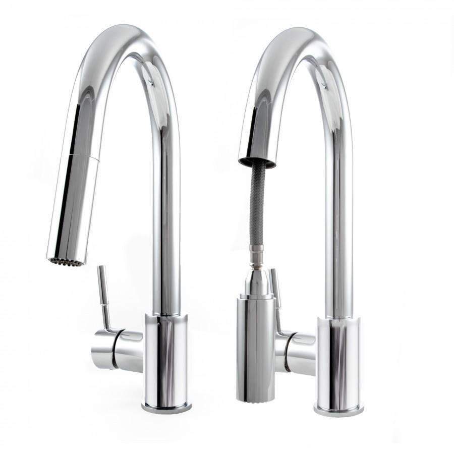 Chrome kitchen faucet set with two tall curved spouts and flexible hoses