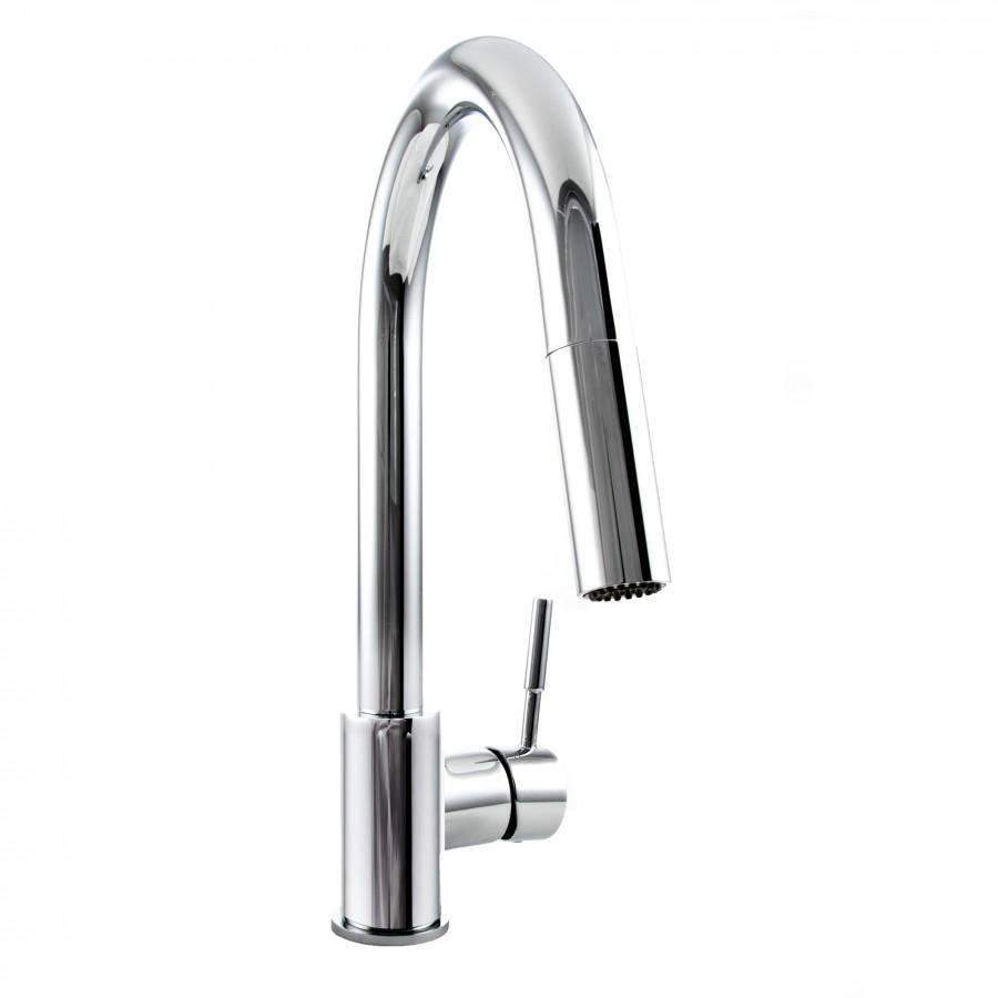 Chrome kitchen faucet with tall curved spout and side lever handle