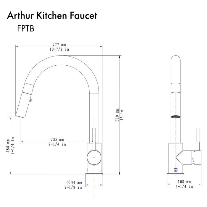 Chrome kitchen faucet dimension diagram with front and side measurements
