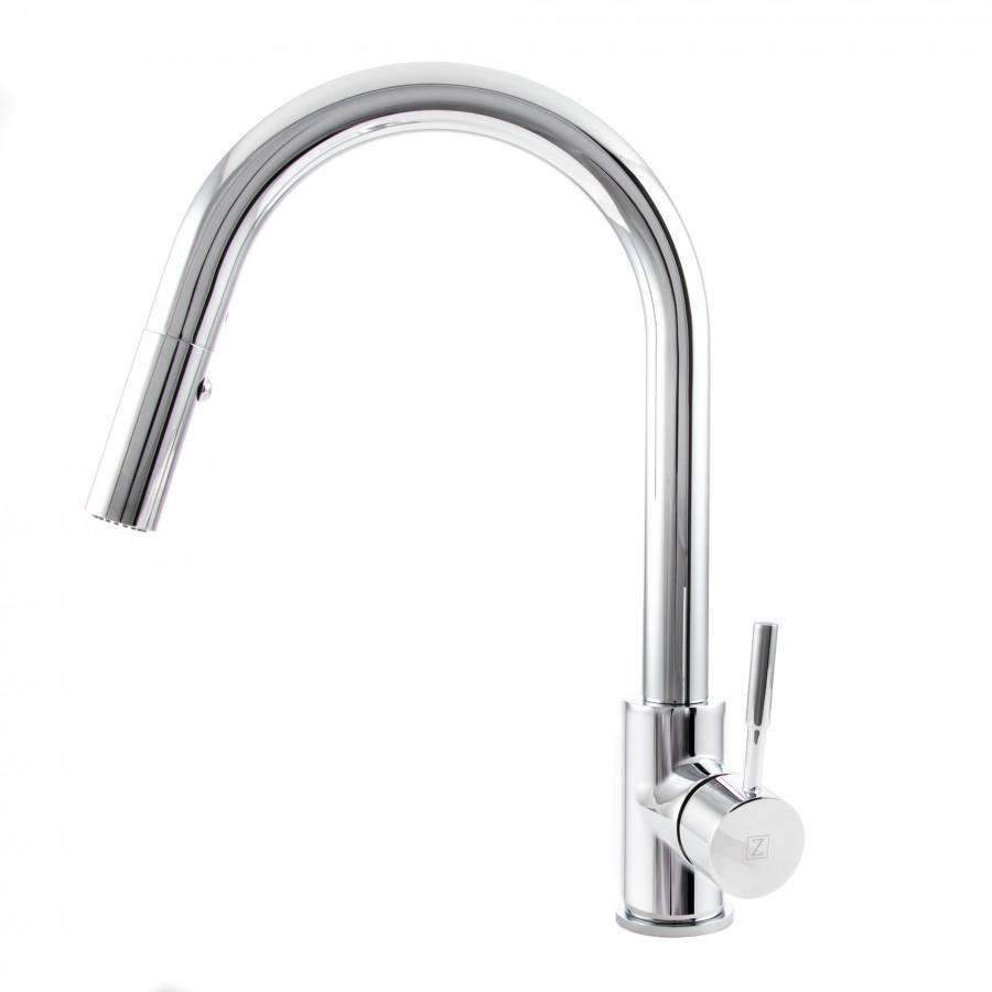 Chrome kitchen faucet with tall curved spout and side lever handle