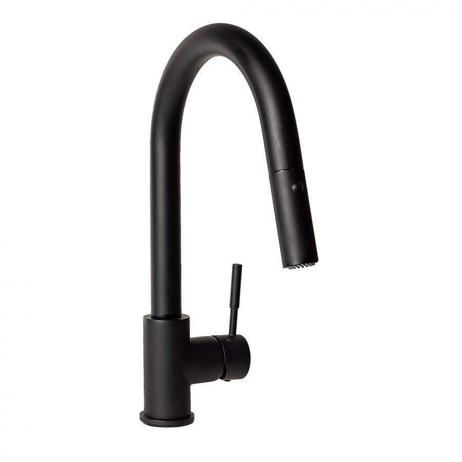 Matte black kitchen faucet with curved spout and side sprayer