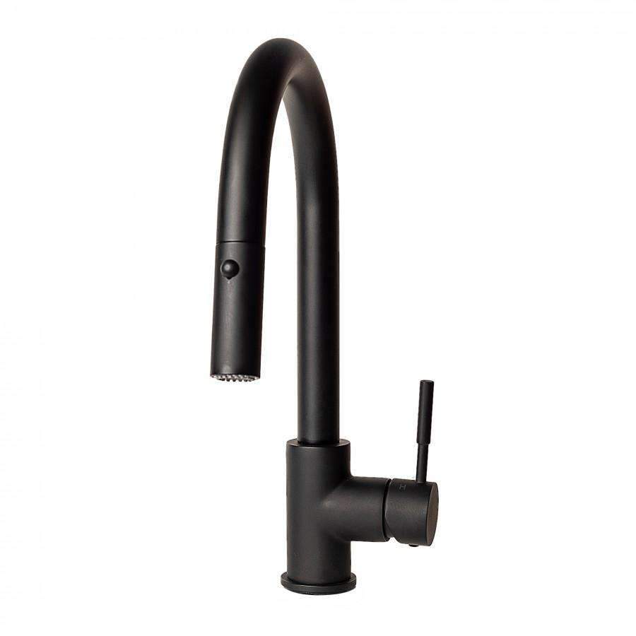 Matte black kitchen faucet with high-arc gooseneck and side sprayer