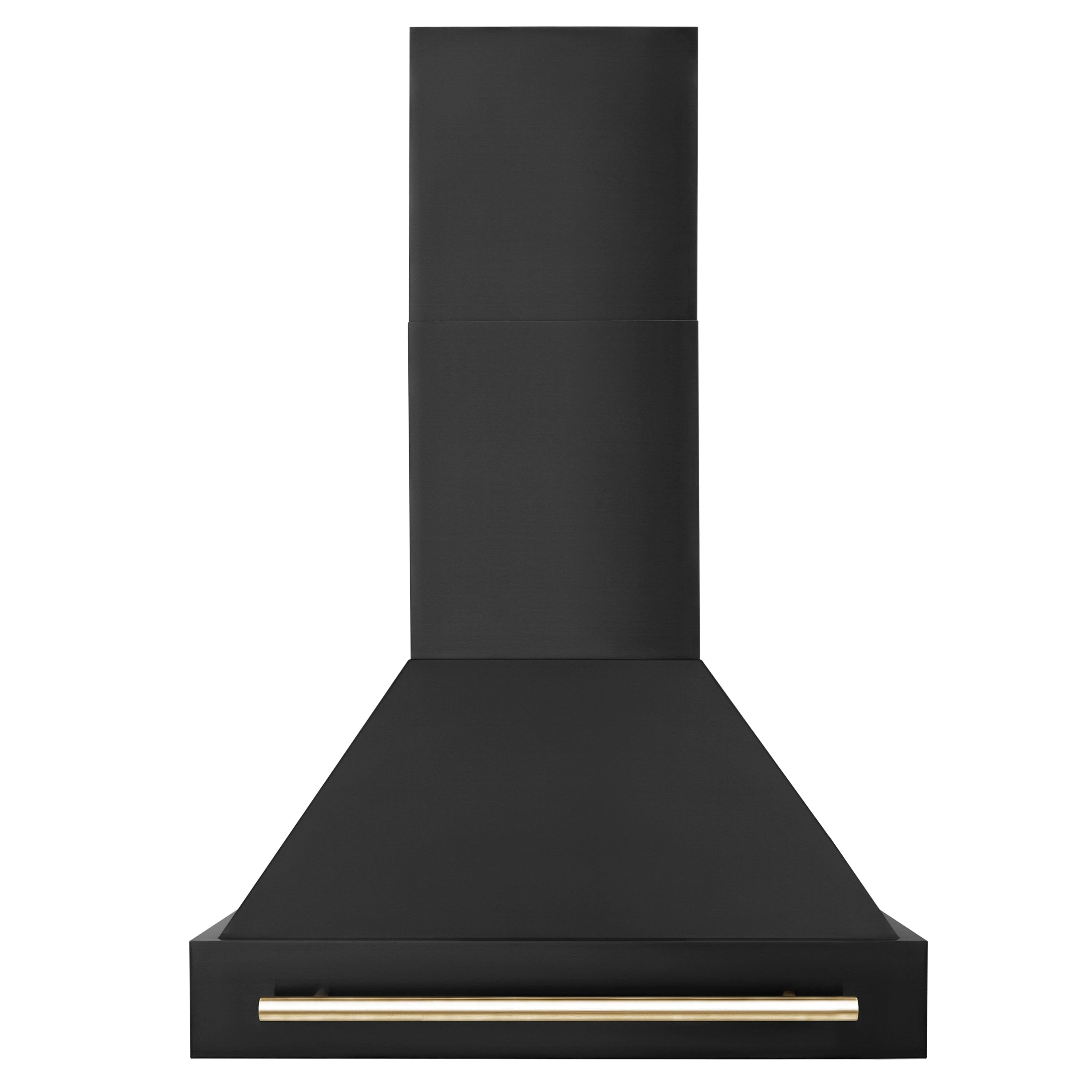 Black range hood with chimney and front gold-toned trim bar