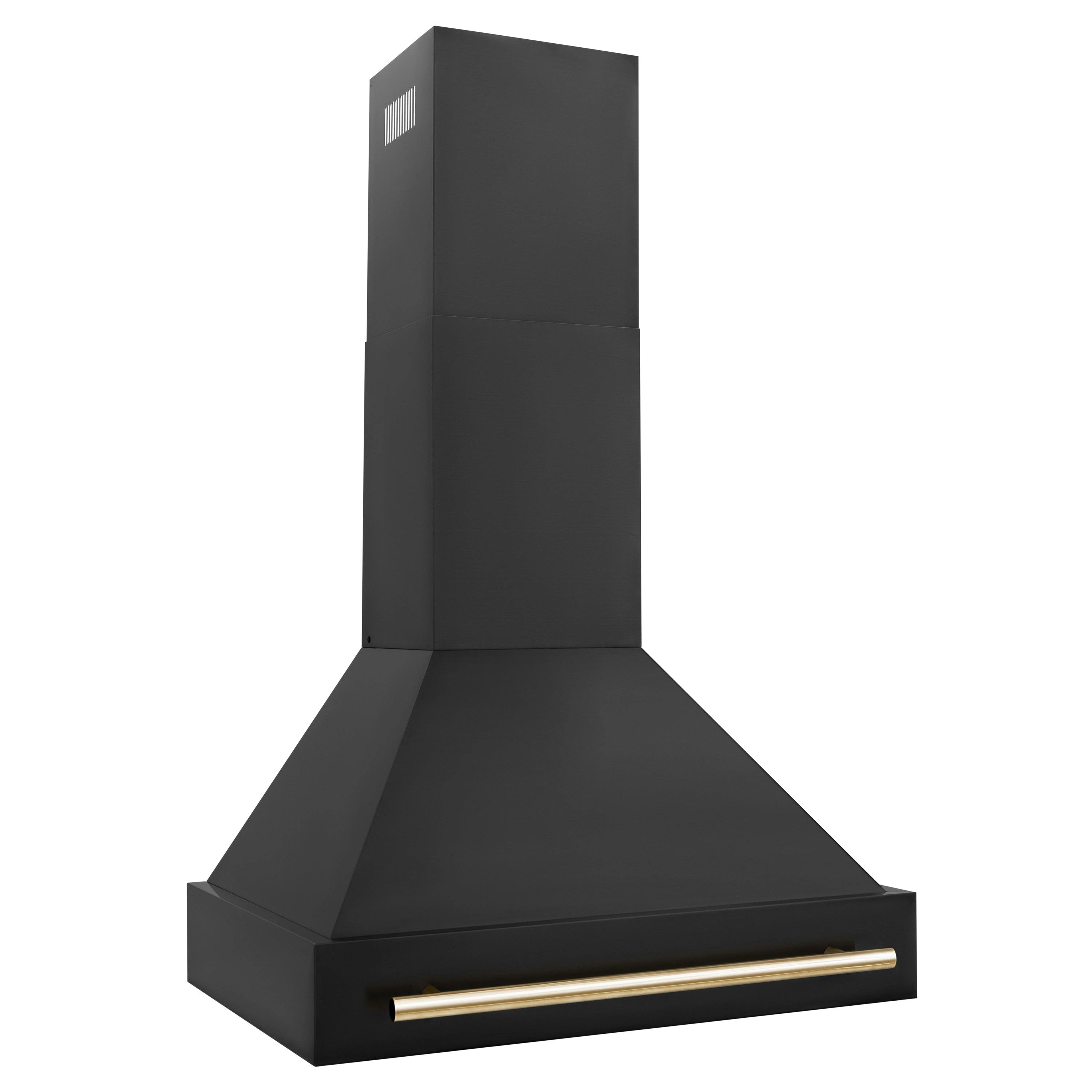 Black range hood with chimney and front gold-toned trim bar, side view