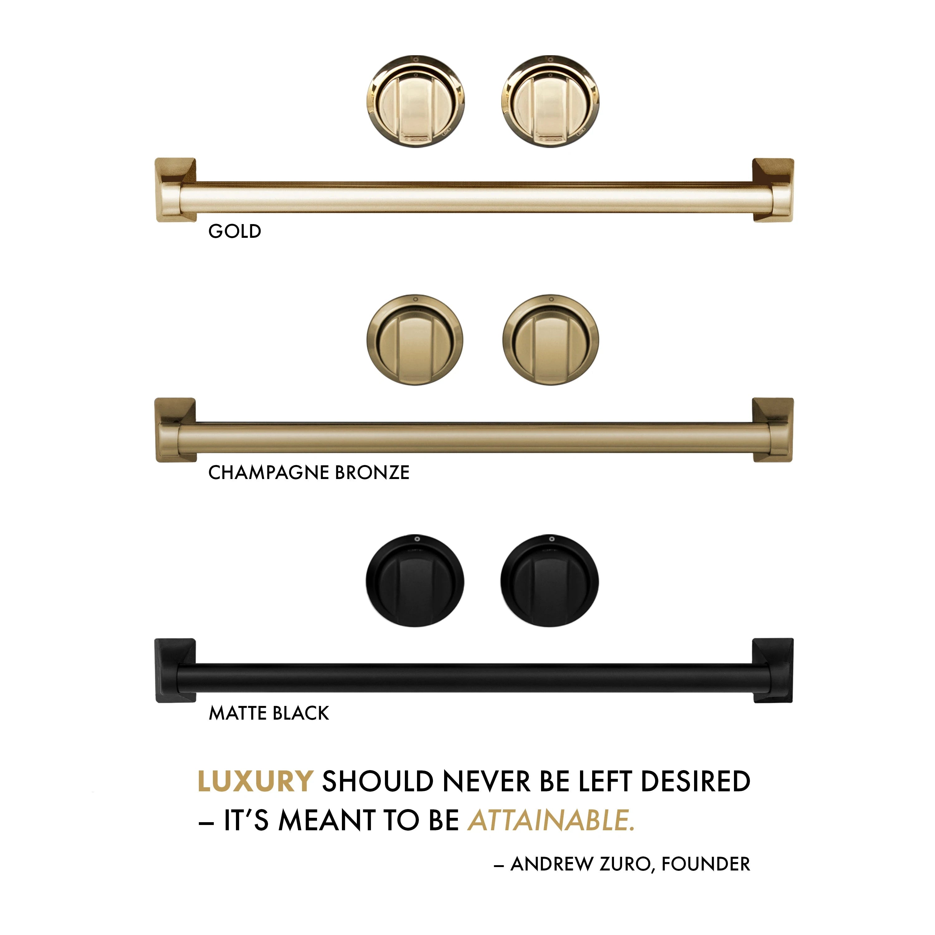 Set of range hood handle bars and knobs in gold, champagne bronze, and matte black