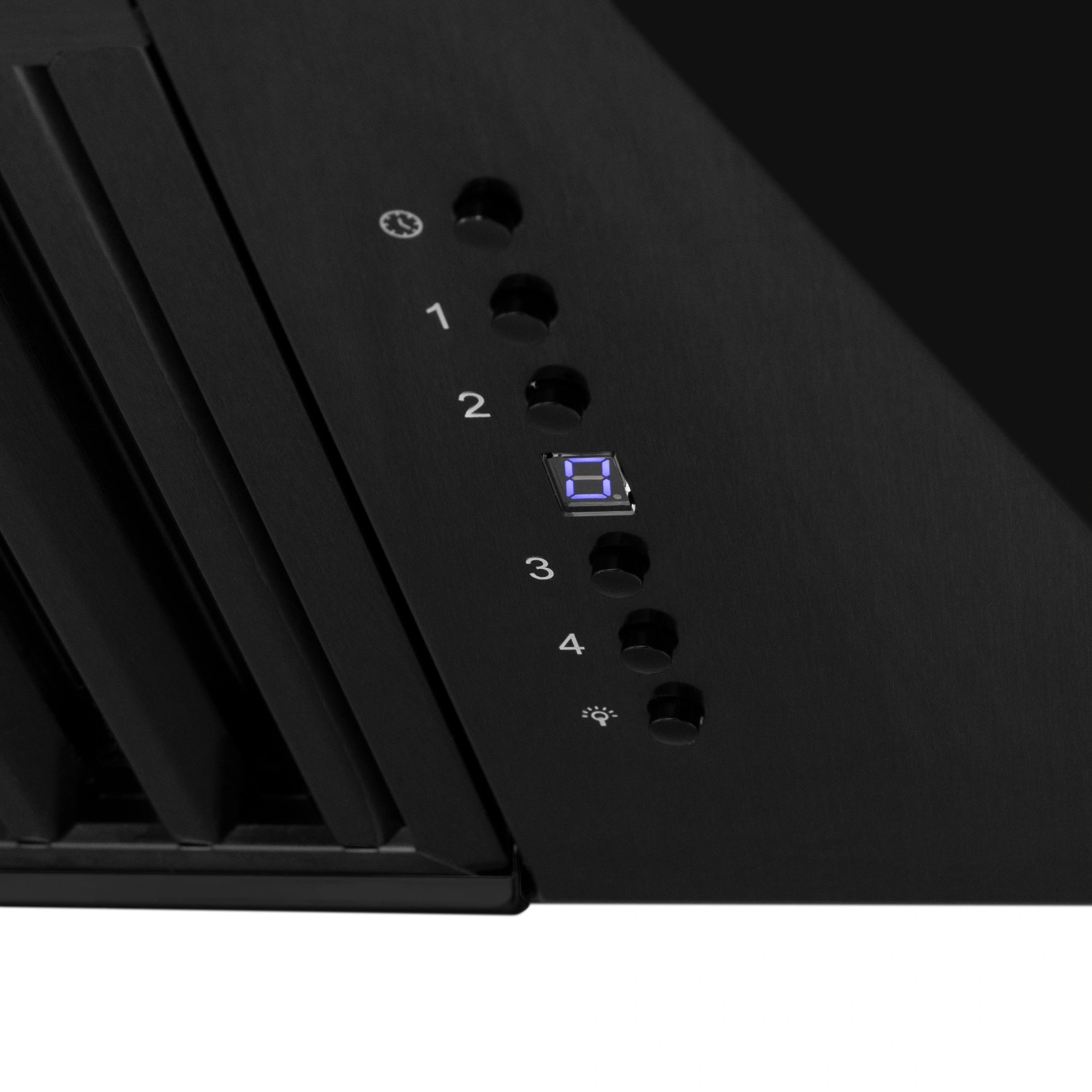 Black range hood control panel with numbered settings and LED display