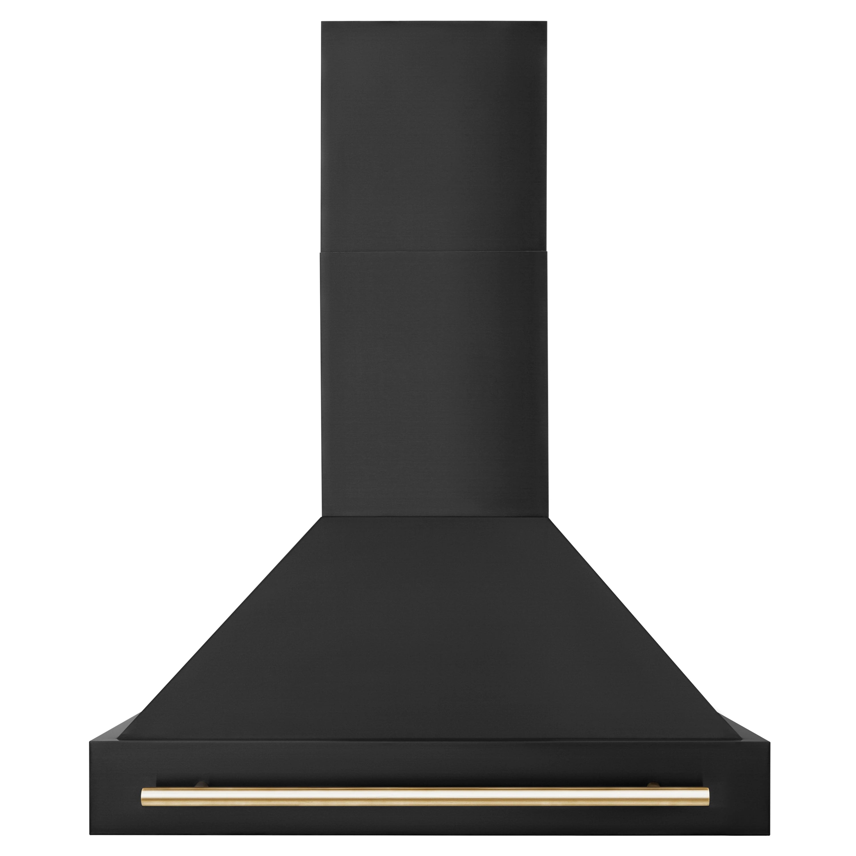 Dark range hood front with gold accent bar along the bottom edge