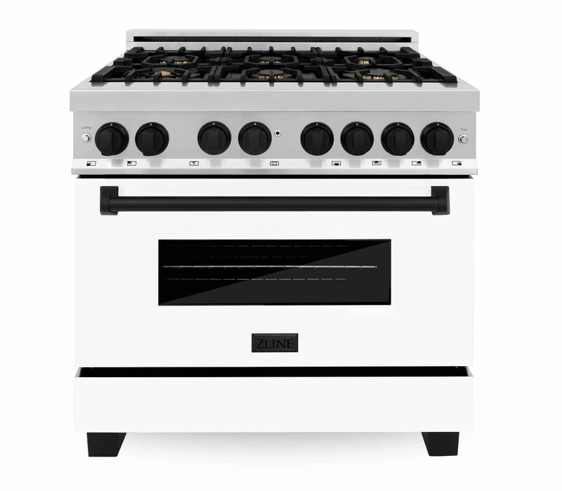 ZLINE Autograph Edition 2-Piece Appliance Package - 36" Dual Fuel Range & Wall Mounted Range Hood in Stainless Steel and White Door with Matte Black Trim (AP2-RAZ-WM-36-MB) Appliance Package ZLINE 