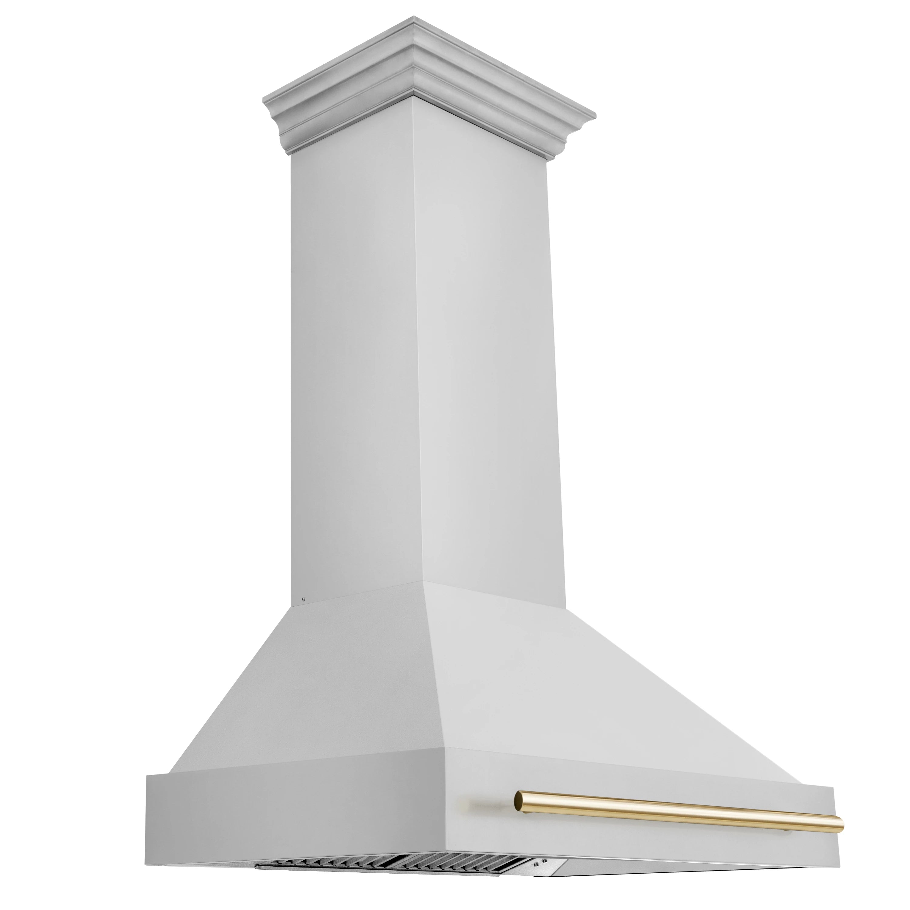 Range hood with gold trim and built-in vent, in light metallic finish