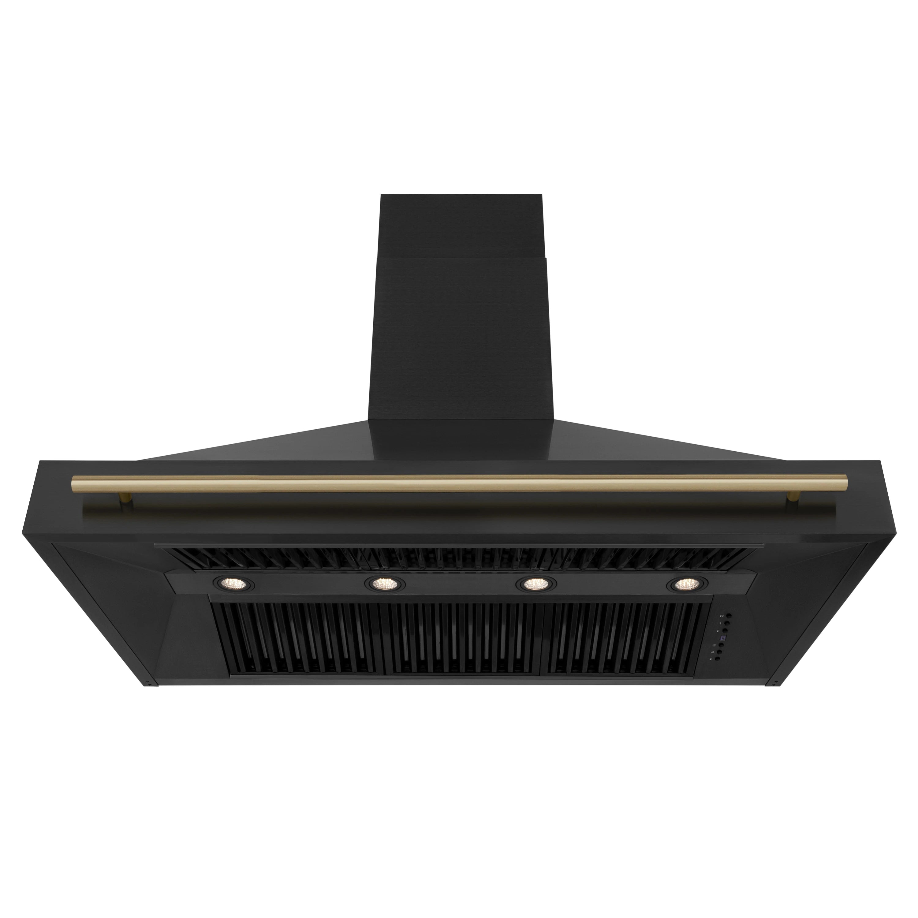 Black range hood with front grille and recessed LED control lights