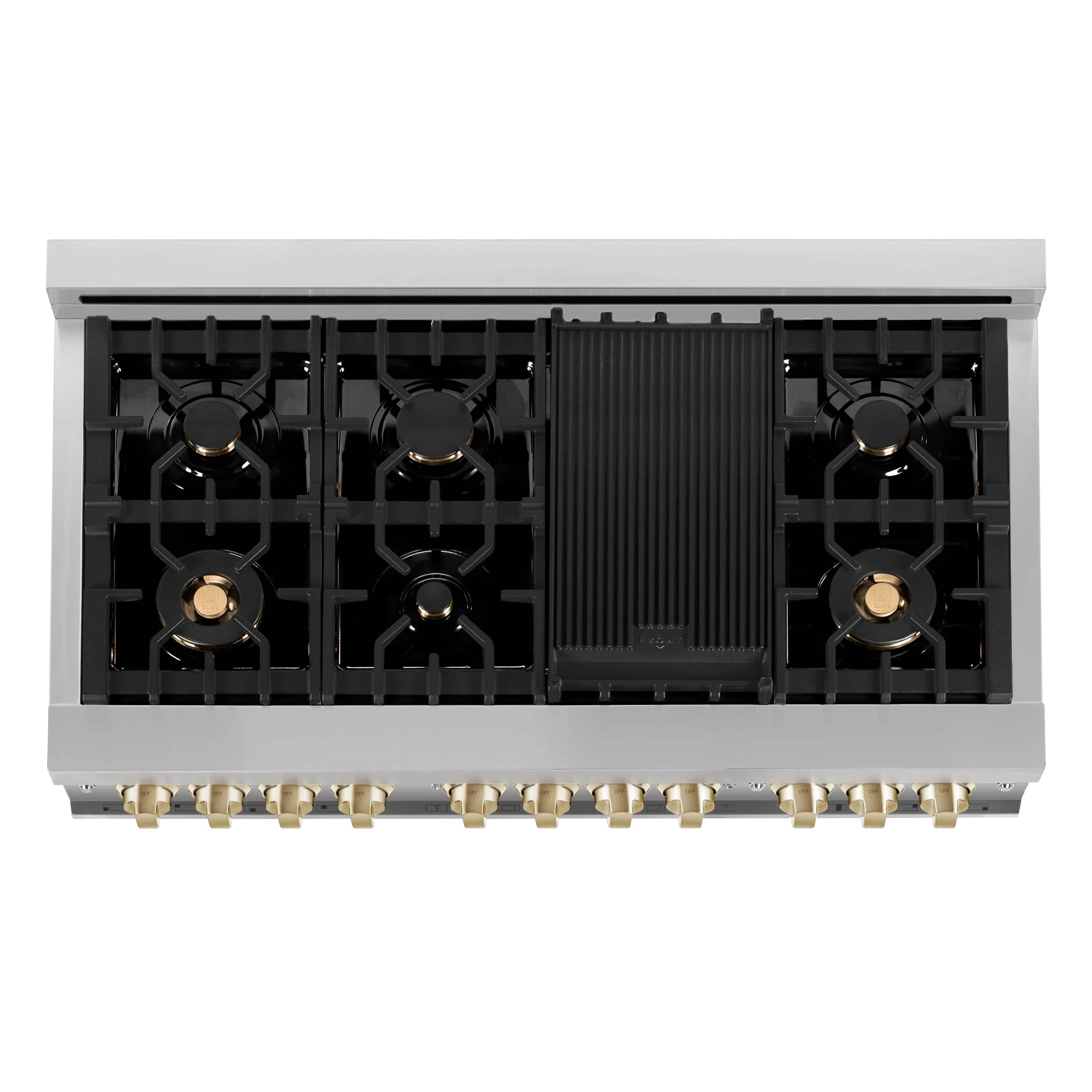 Two-piece appliance package: built-in cooktop with 5 burners and black center panel