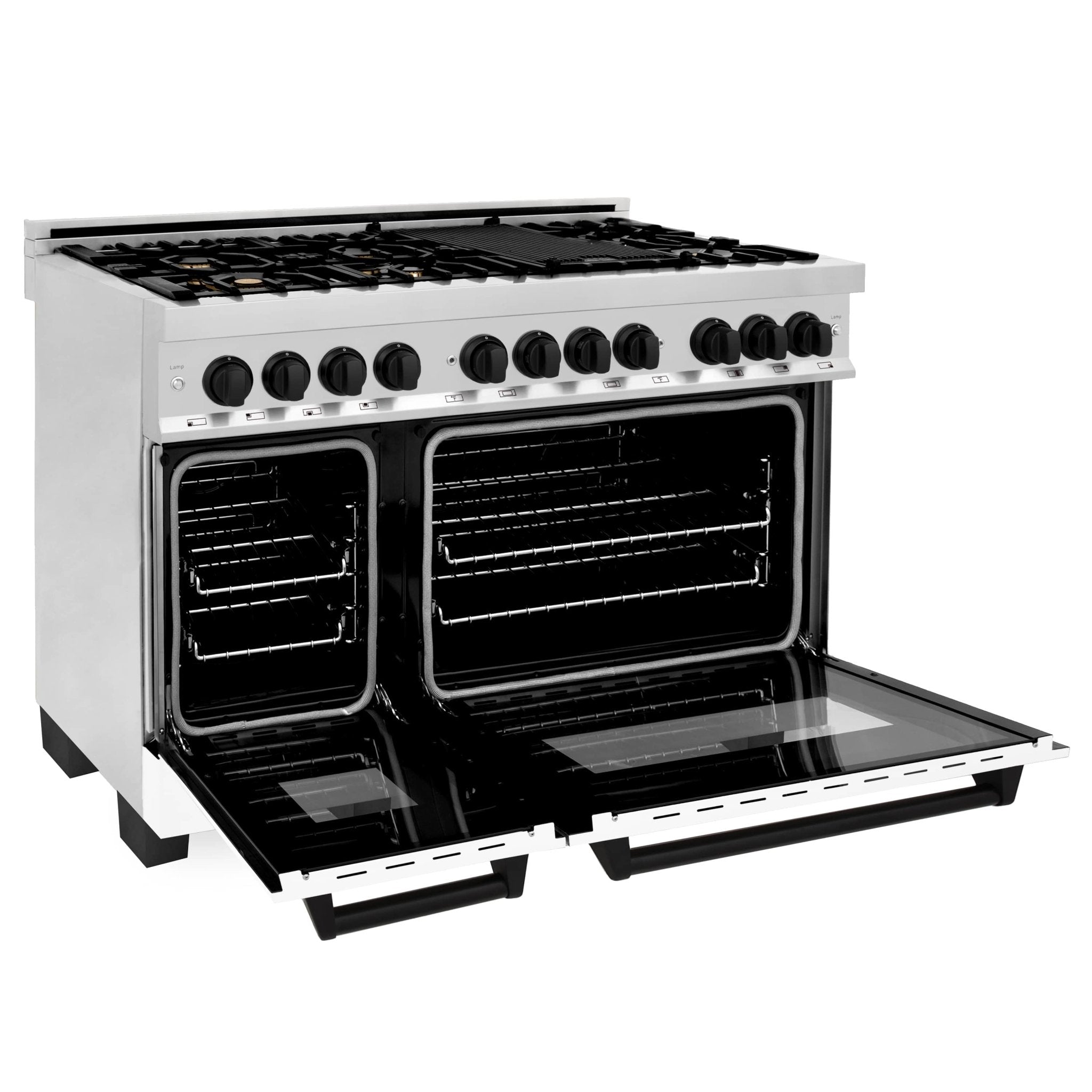 Gas range with two ovens and open oven doors, black glass