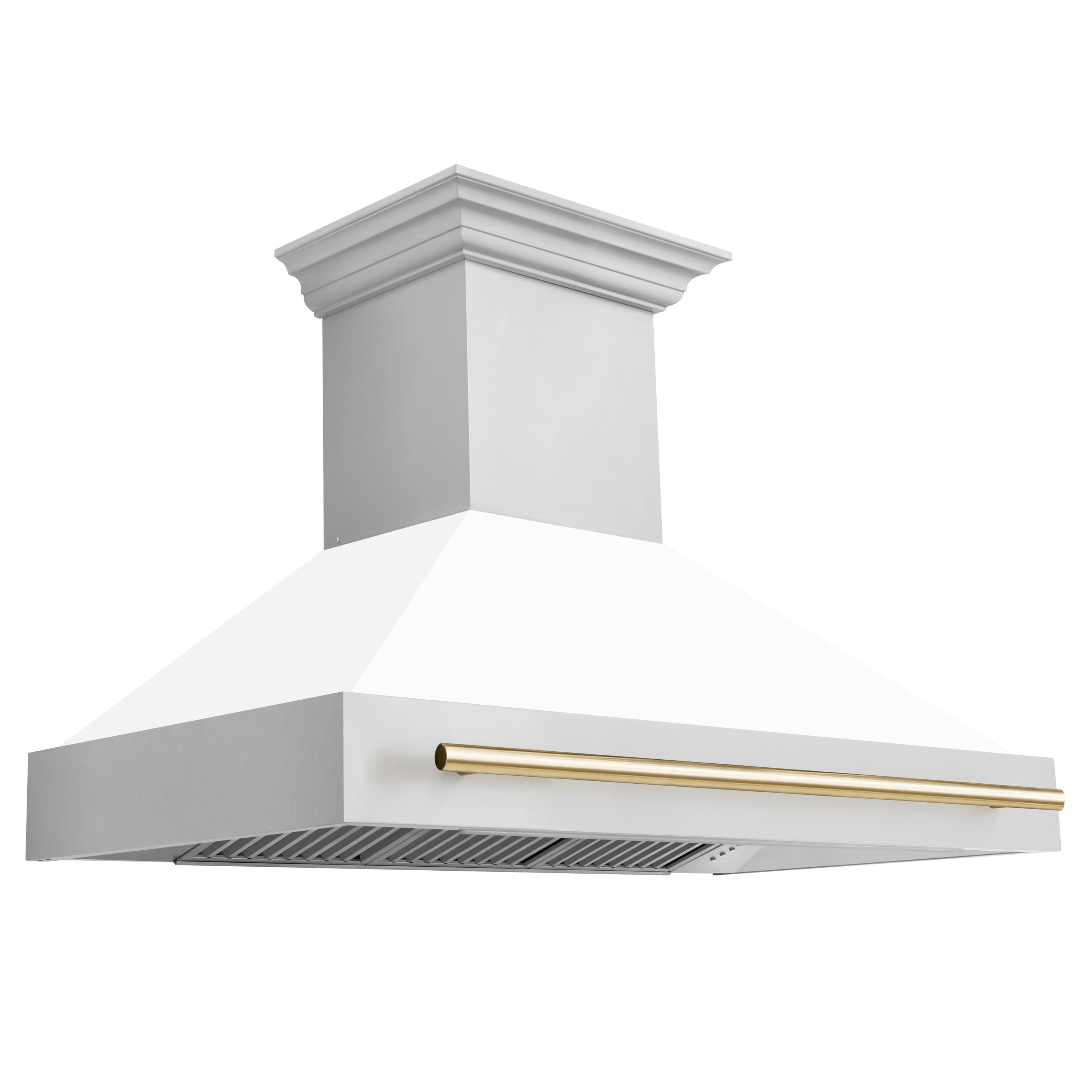 48-inch range hood with gold accents and vented chimney style canopy