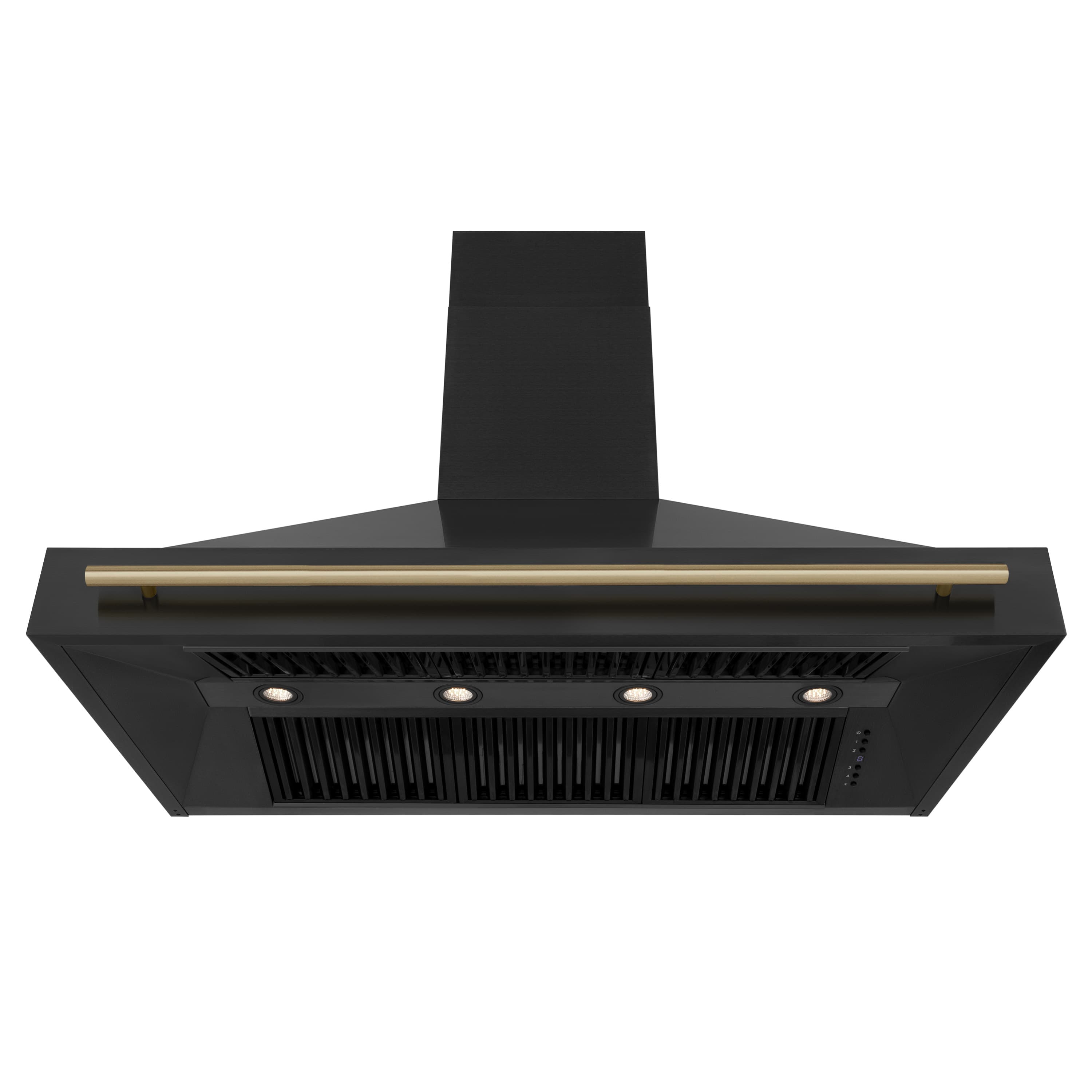 Black 48-inch range hood with vent panel and four circular controls, gold-tone bar