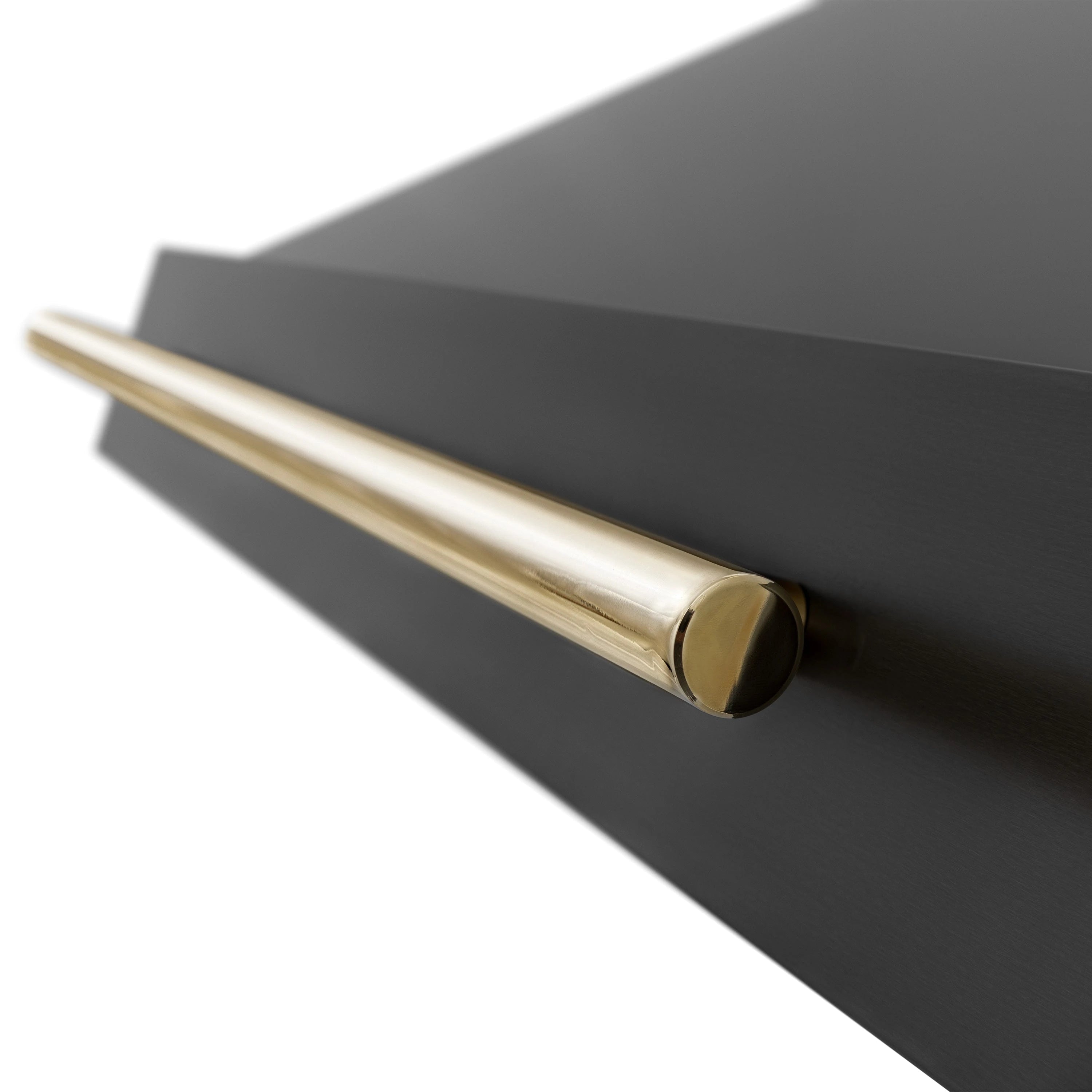 Black range hood front with gold cylindrical bar handle detail