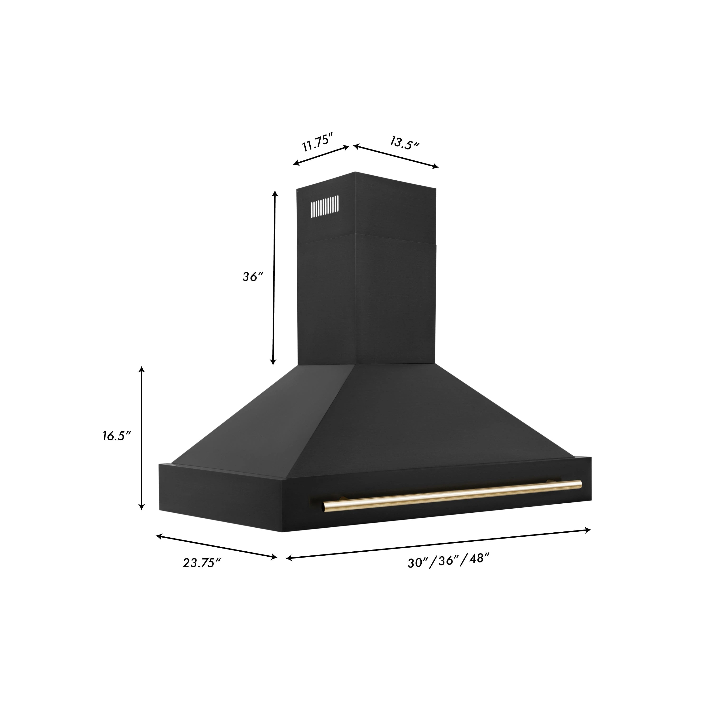 Black wall-mount range hood with gold bar handle and chimney, shown with size diagram