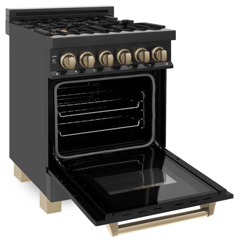 ZLINE Autograph Edition 24" 2.8 cu. ft. Dual Fuel Range with Gas Stove and Electric Oven in Black Stainless Steel with Champagne Bronze Accents (RABZ-24-CB) Ranges ZLINE 