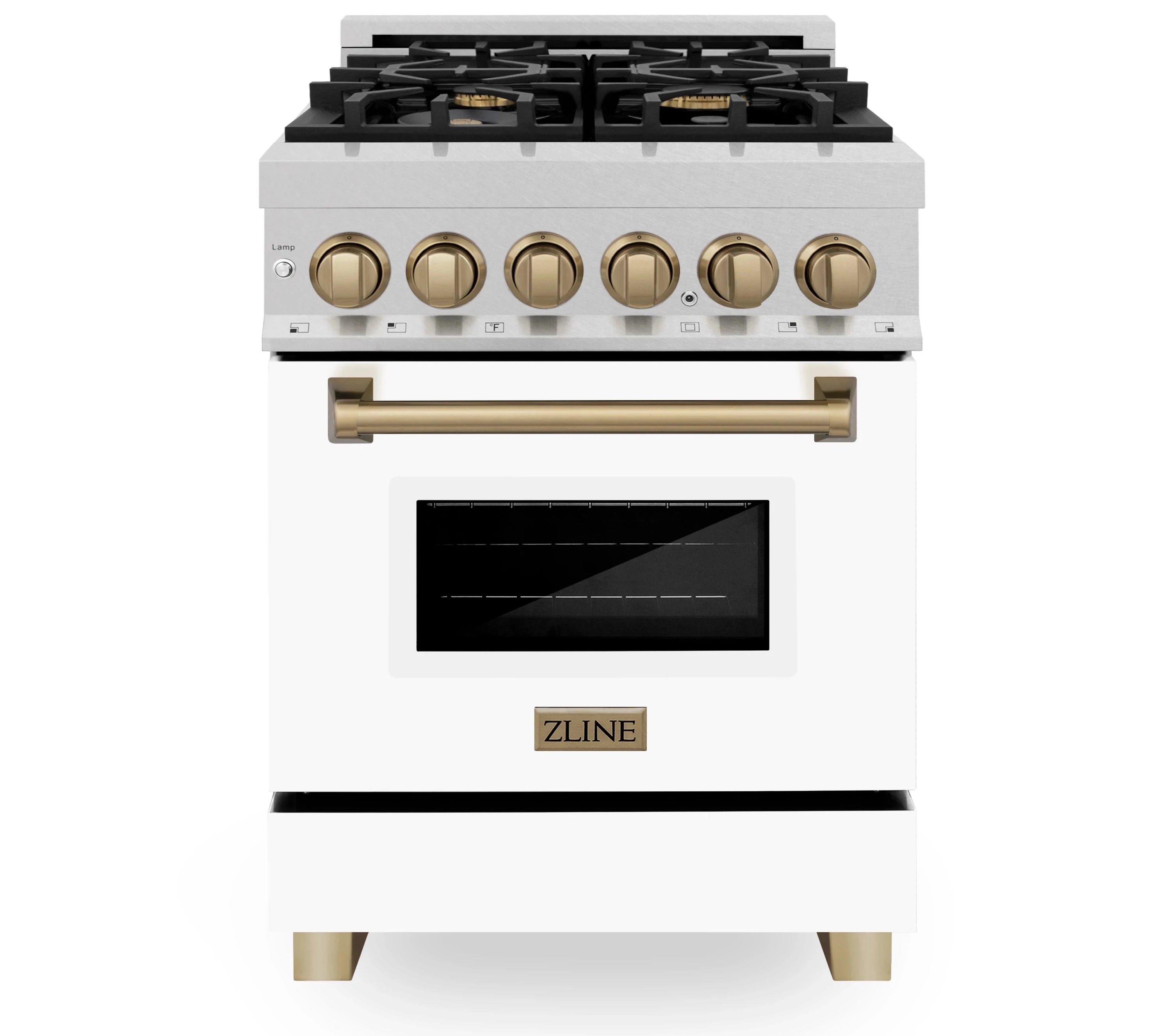 Dual fuel range front view with black grates, bronze knobs, and satin stainless door