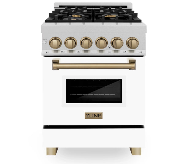 ZLINE Autograph Edition 24" 2.8 cu. ft. Dual Fuel Range with Gas Stove and Electric Oven in DuraSnow® Stainless Steel with White Matte Door and Champagne Bronze Accents (RASZ-WM-24-CB) Ranges ZLINE 