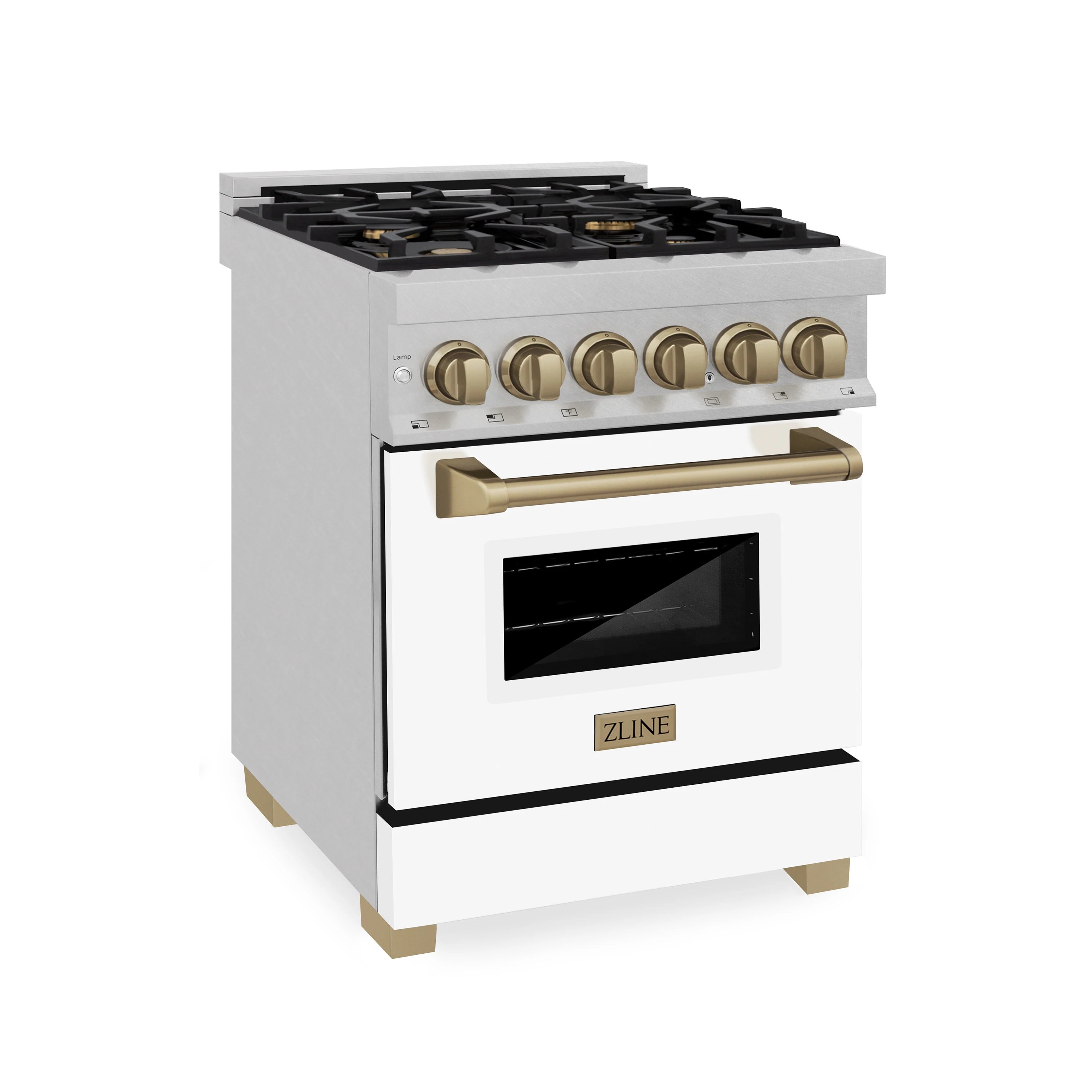 24-inch dual fuel range with satin stainless front, bronze knobs, and white oven door