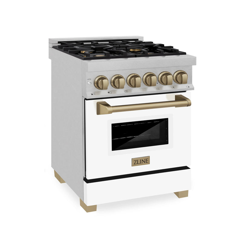 ZLINE Autograph Edition 24" 2.8 cu. ft. Dual Fuel Range with Gas Stove and Electric Oven in DuraSnow® Stainless Steel with White Matte Door and Champagne Bronze Accents (RASZ-WM-24-CB) Ranges ZLINE 