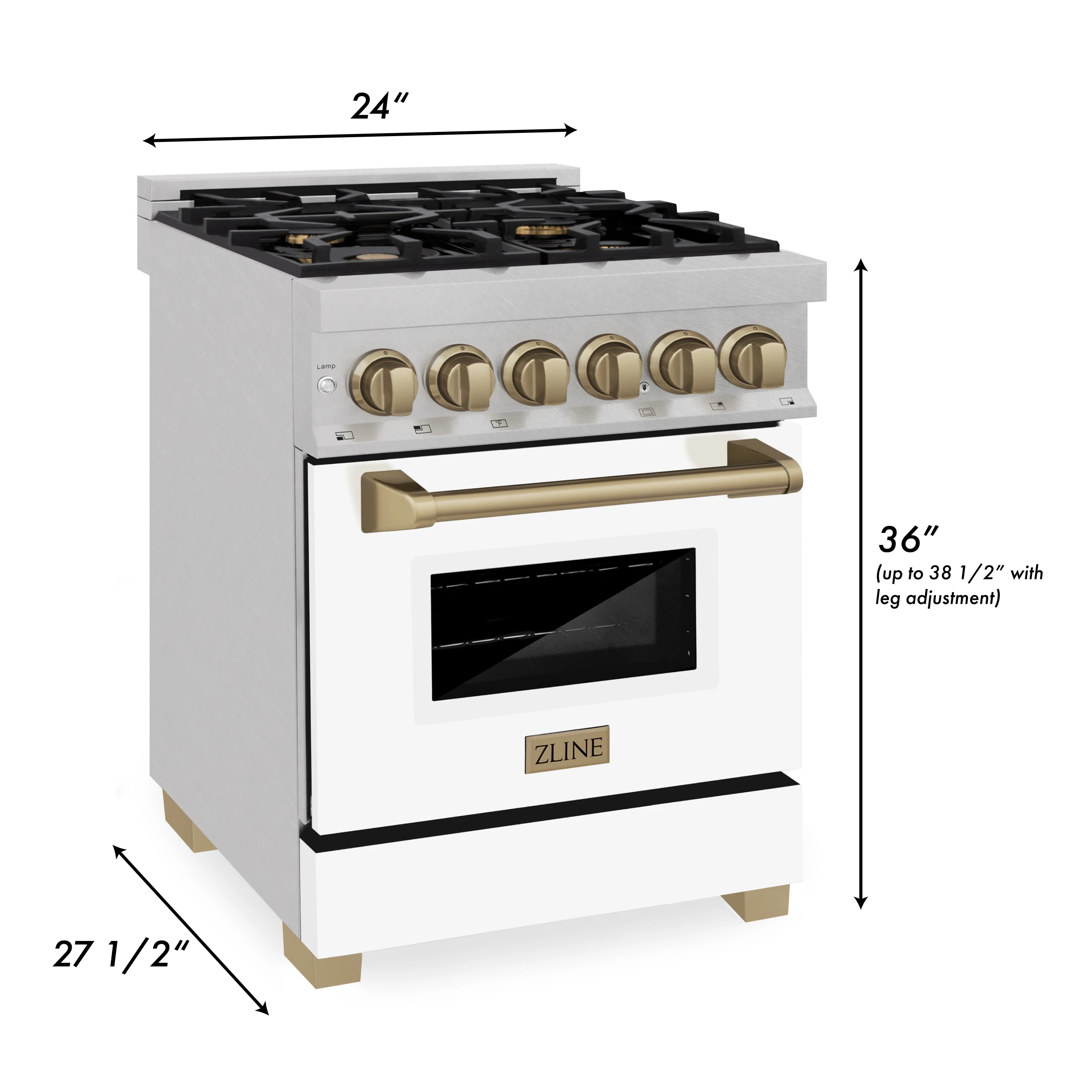 24-inch dual fuel range with gas cooktop, satin stainless body, bronze knobs and door