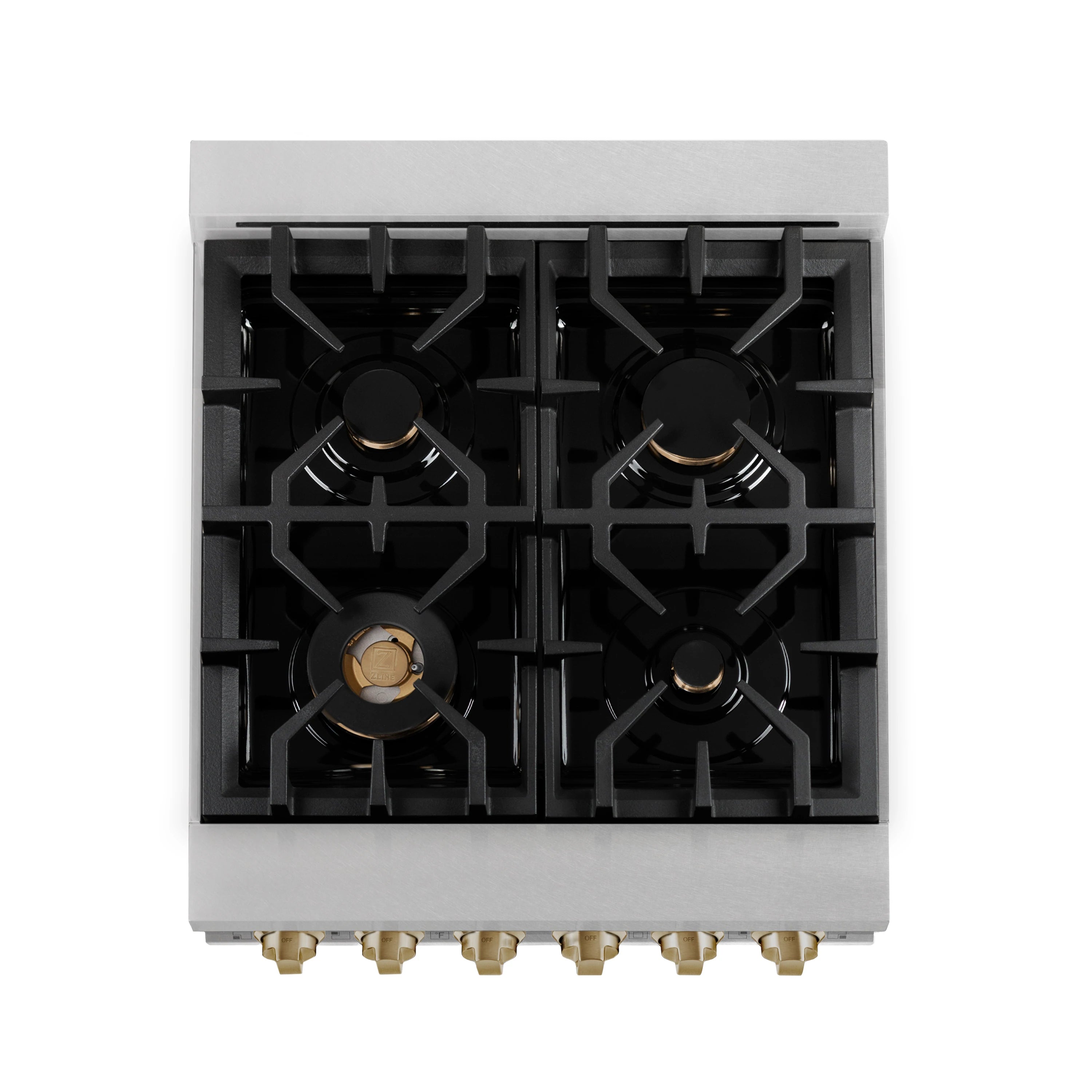 Top-down view of gas cooktop grates with bronze burner details and black burner caps