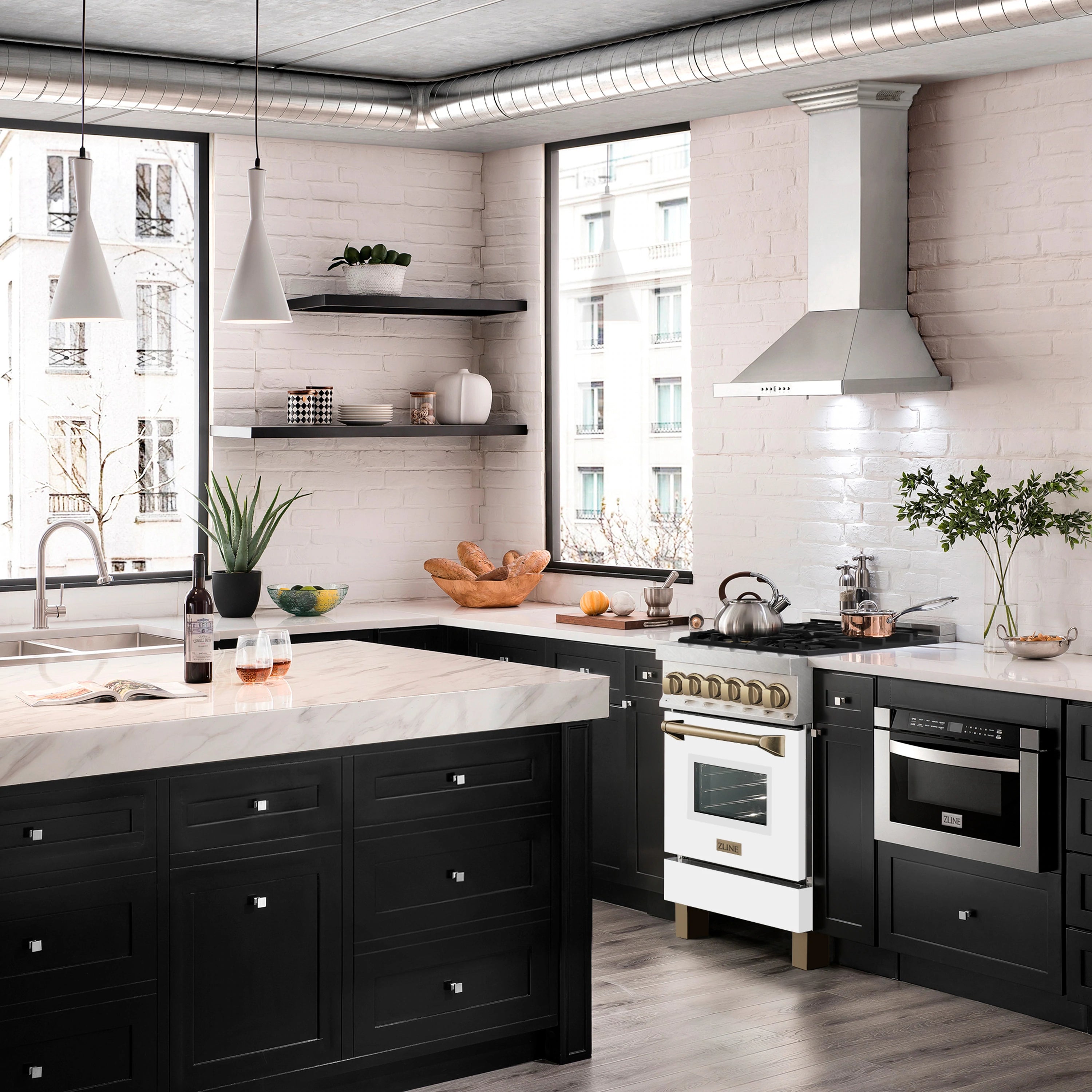 Dual fuel range in modern kitchen with satin stainless exterior and black accent cabinetry