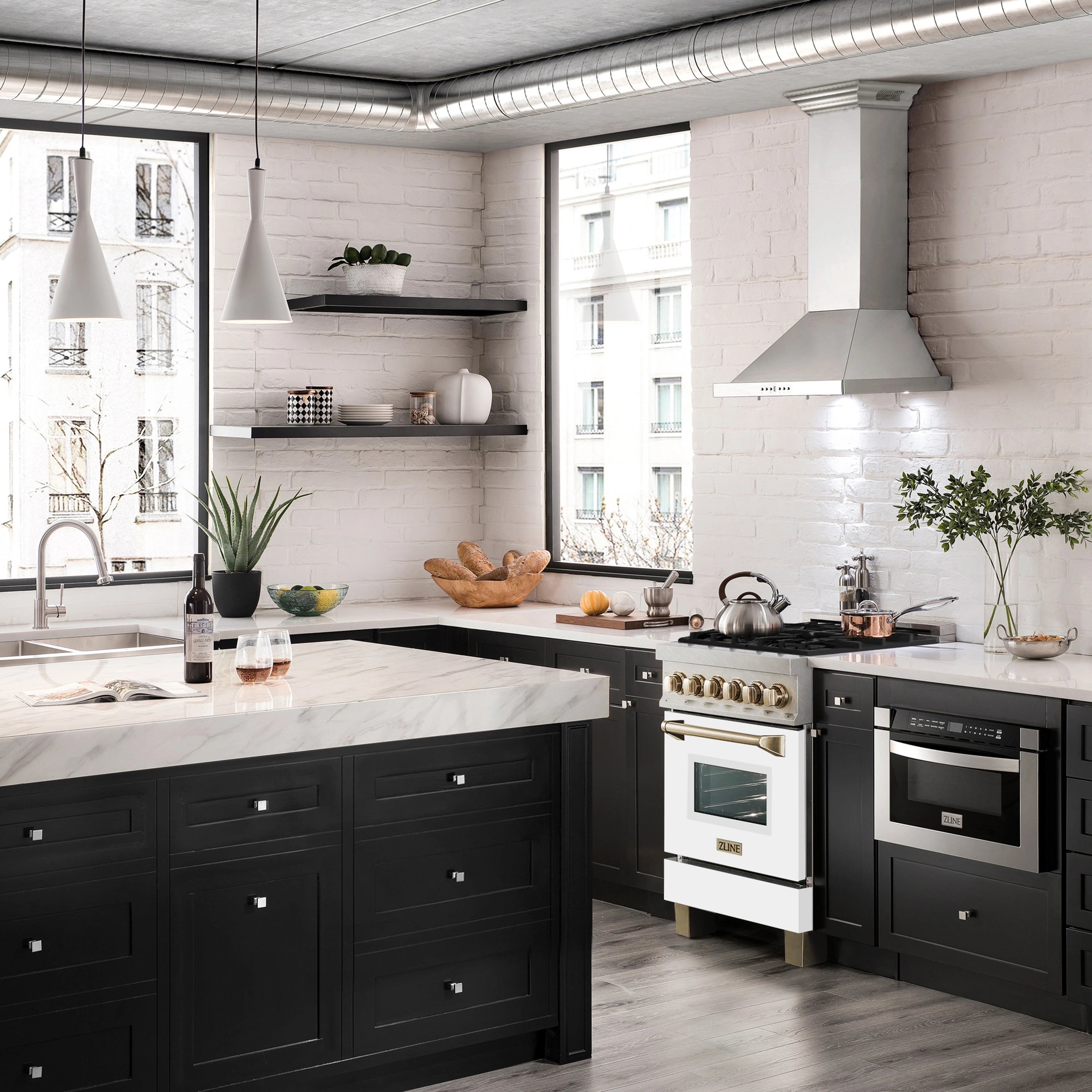 24-inch dual fuel range in satin stainless with white door and gold-trim details